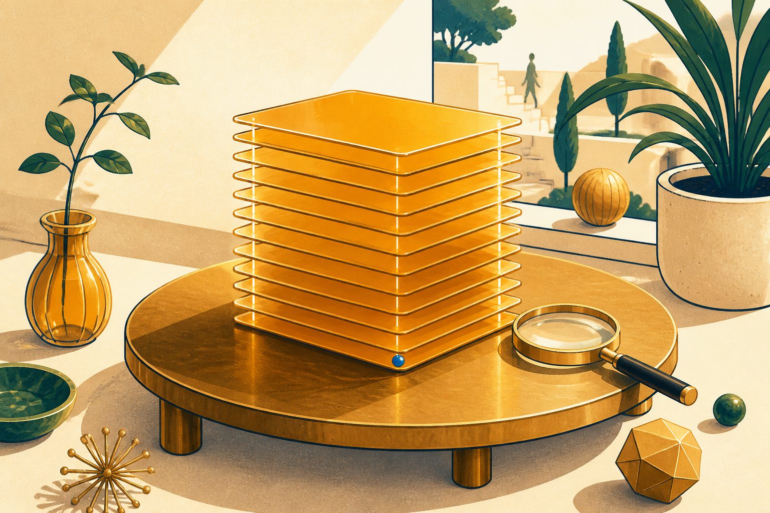 A pristine stylized stack of twelve ultra-thin geometric amber and gold microchip wafers resting on an ink-navy workbench under warm morning light, with microscopic vertical golden pins gleaming between the tiers and a small blue dot nestled beside the base.