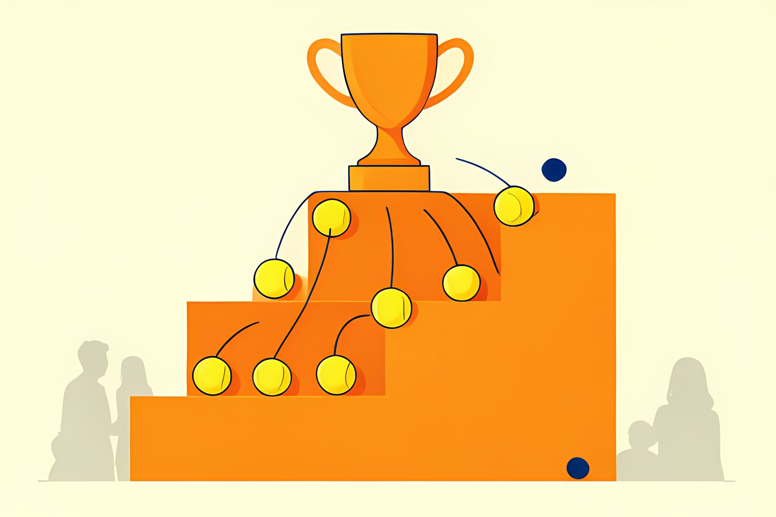 A stylized bright geometric illustration of a rising three-tier scoring staircase with glowing tennis balls and an arena trophy shape on warm cream with a small blue dot