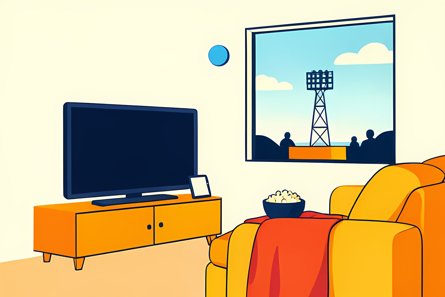 A sunny illustrated living room where a big blank television sits beside a small blank tablet, with a baseball, a bowl of popcorn and a folded red blanket on the couch.
