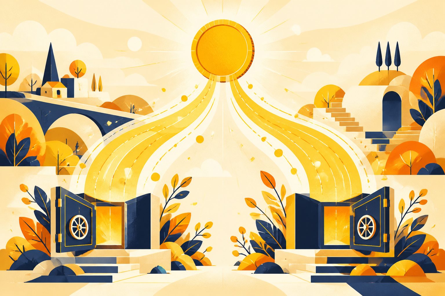 A stylized editorial diagram showing an abstract golden coin dividing into two philanthropic foundation vaults on a warm cream background.