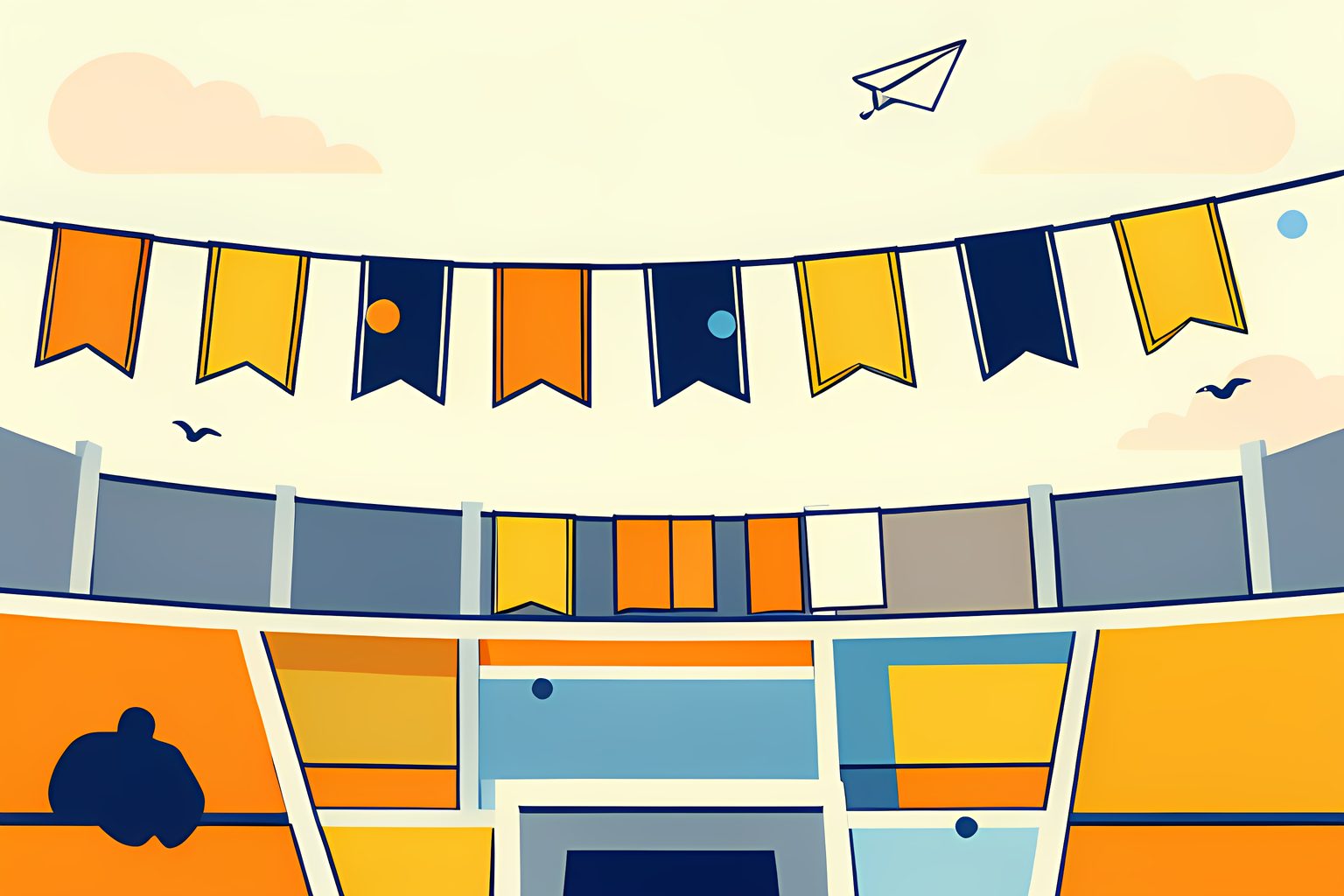 A sunny stylized football stadium seen from high above the upper deck, with a long row of seventeen small pennants strung across a bright sky and one pennant shaped differently from the rest.