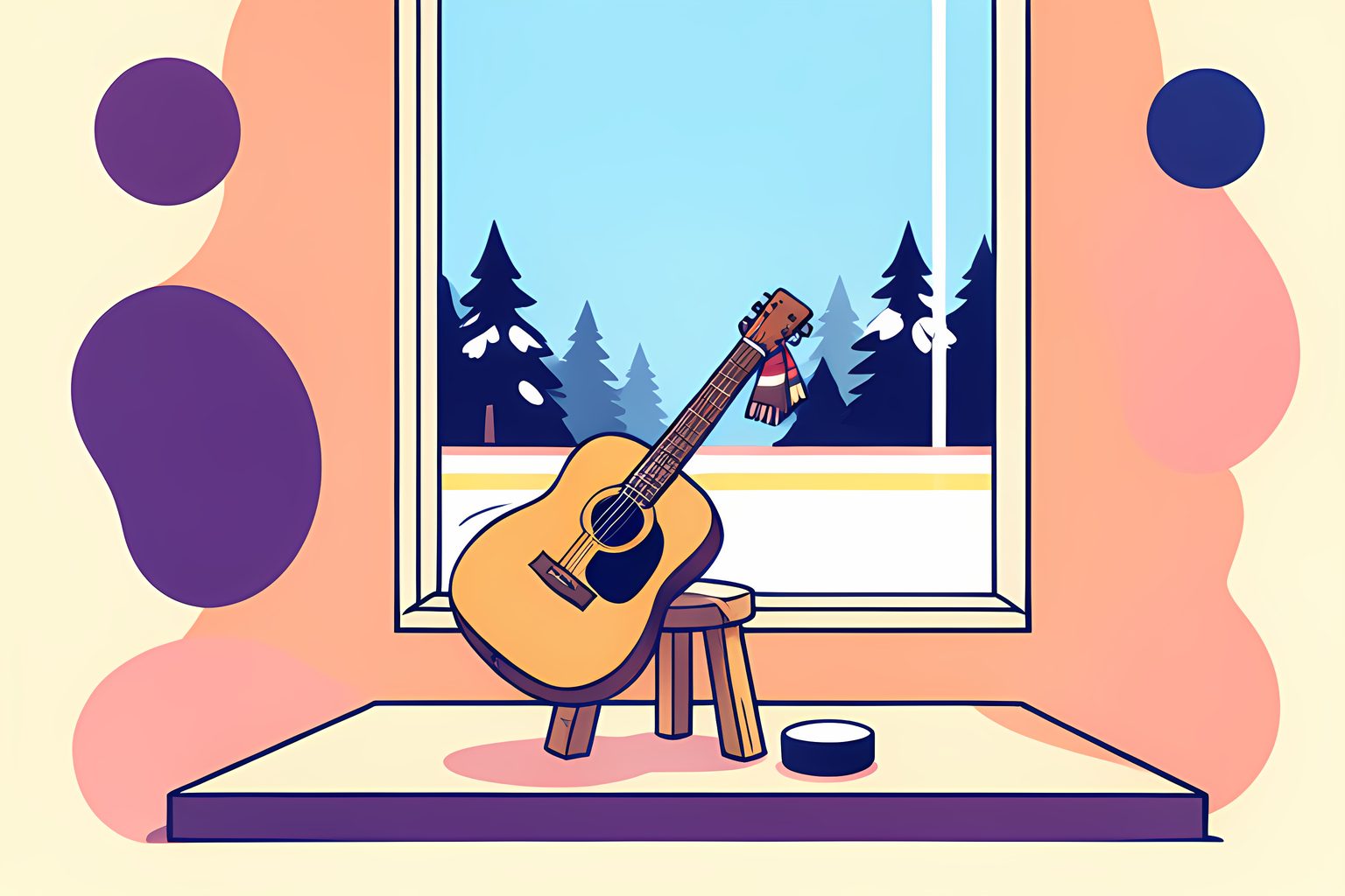 A sunlit wooden stool on an empty little stage holding an acoustic guitar and a folded hockey scarf, with a bright rink glimpsed through a window behind.