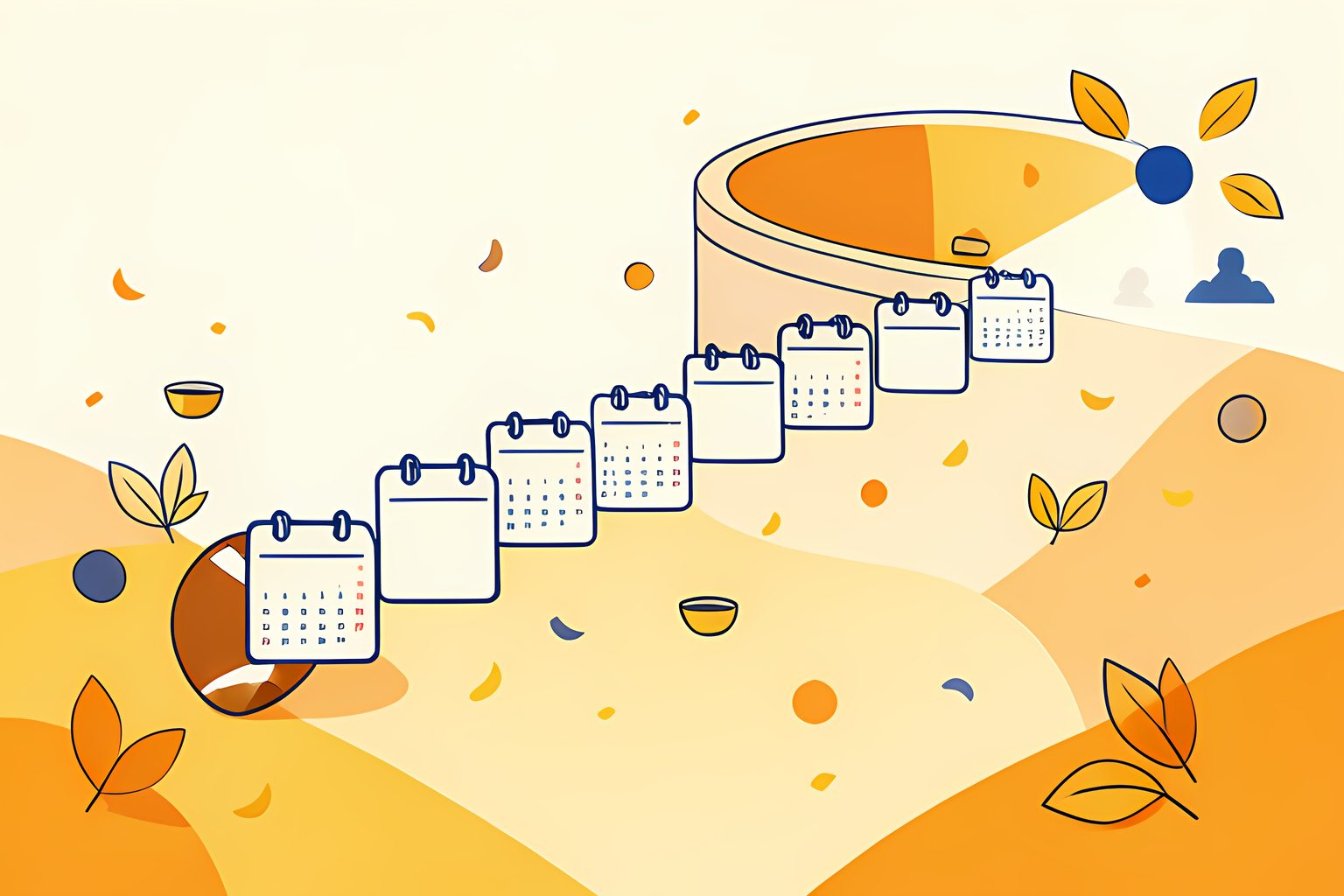 A winding chain of blank calendar cards connects small sunlit football stadiums to a glowing desert bowl.
