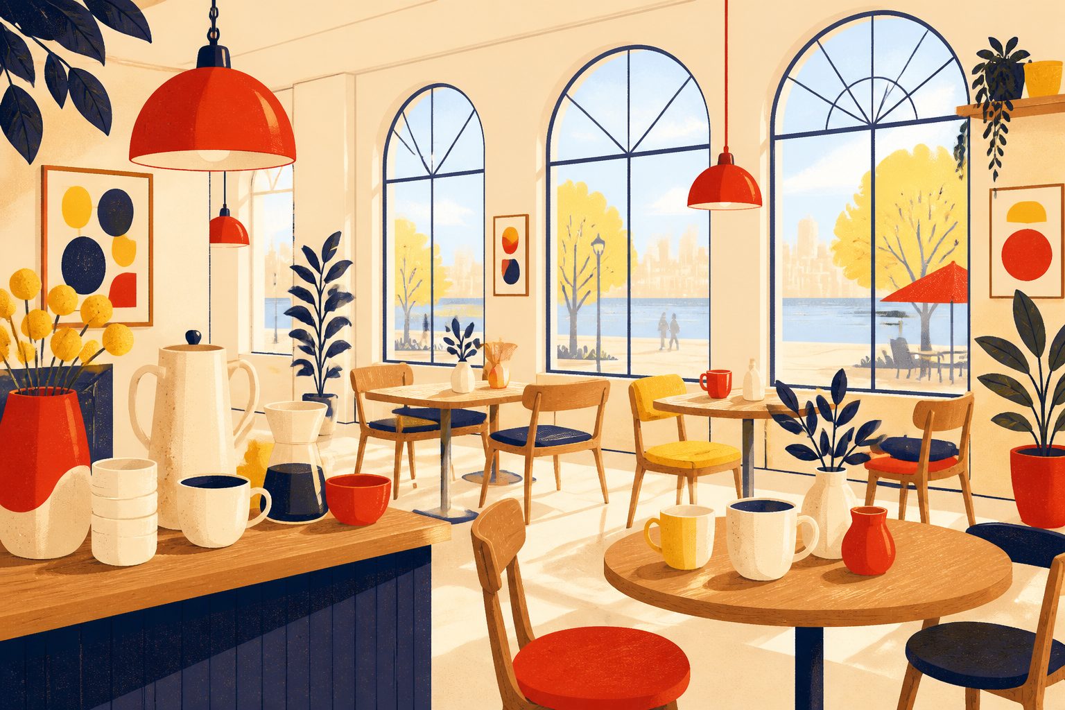 A warm vector illustration of a sunlit corner coffeehouse with large arched windows, comfortable wooden tables, ceramic mugs, and morning light pouring across the room.
