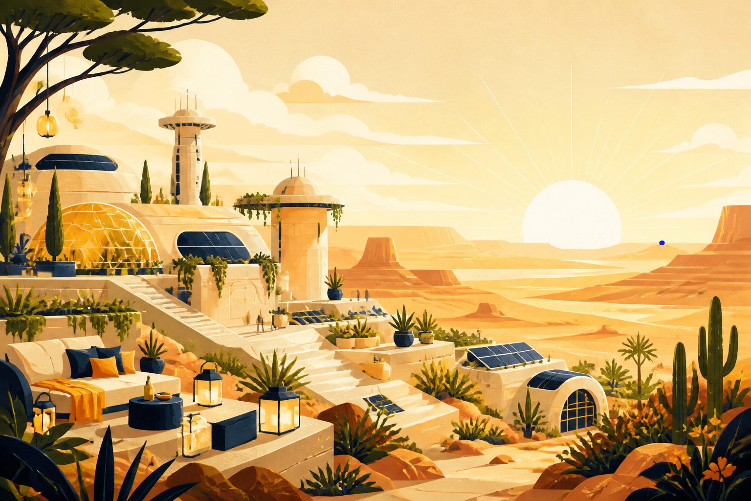 Stylized editorial vector art of a serene desert technology campus on a warm cream plateau under a bright morning sky.