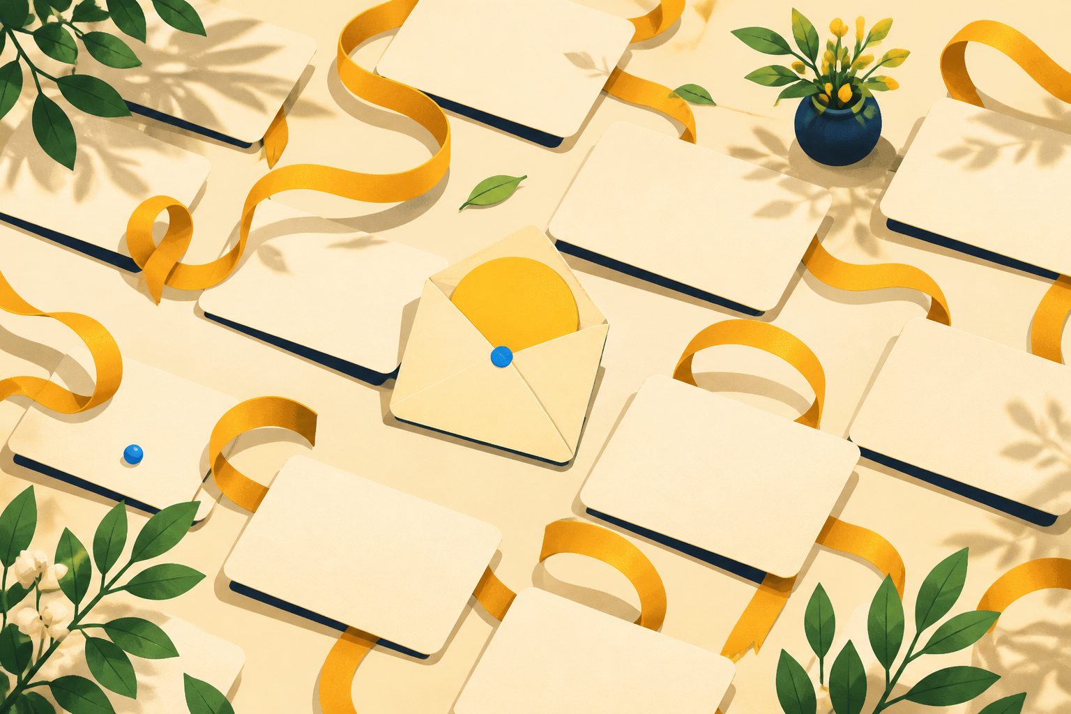 A text-free pattern of plain membership cards and renewal loops with one cream envelope opening to a gold circle.