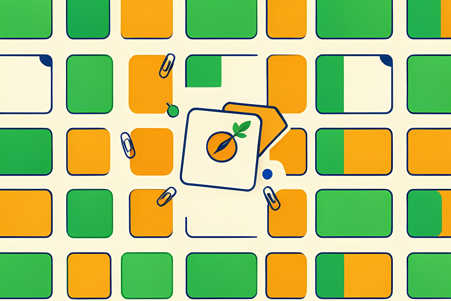 A bright text-free pattern of blank document cards on a cream background, with one card holding a small compass-like circle and a tiny blue dot among the cards.
