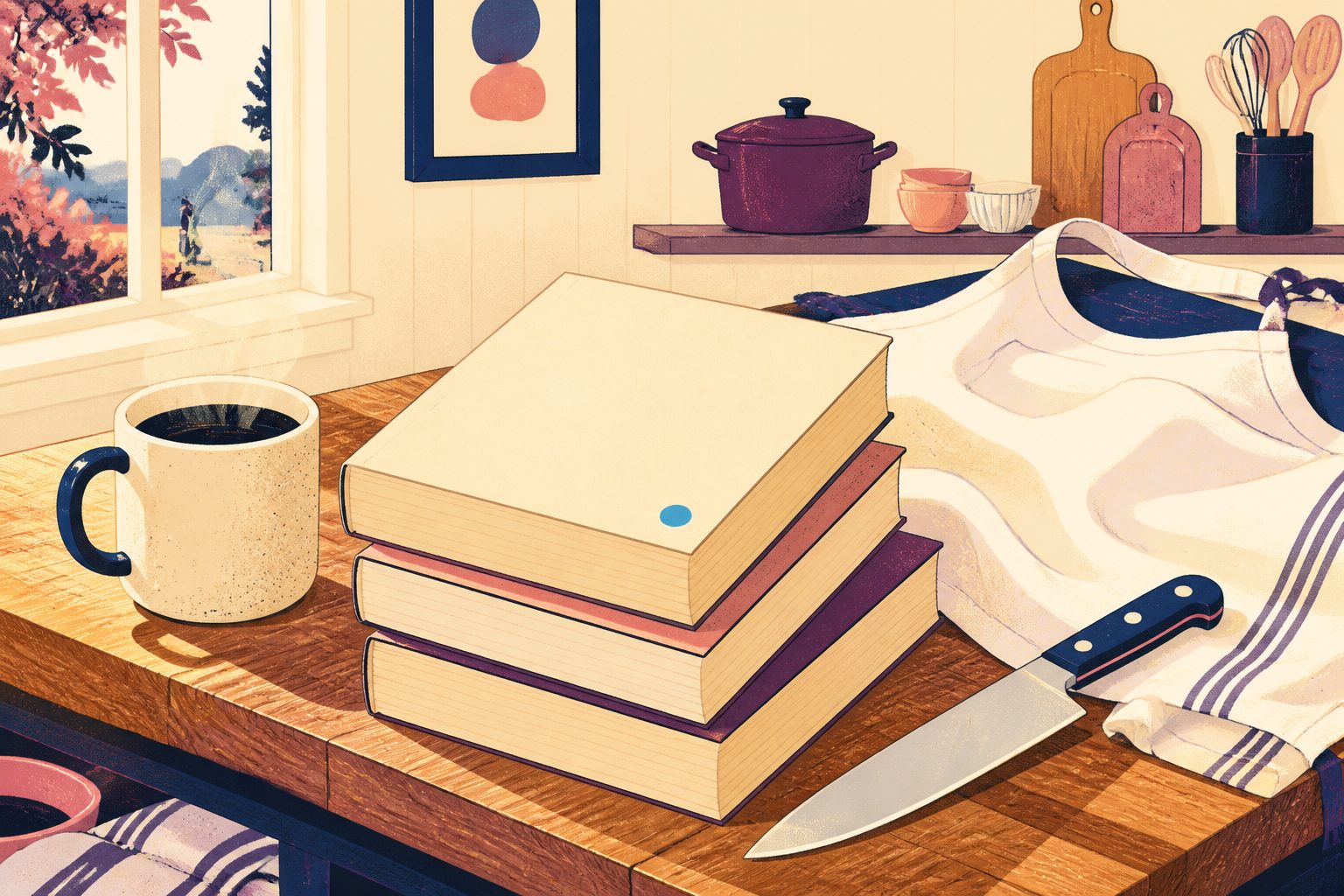 Warm editorial illustration of three vintage crime paperbacks resting on a sunlit wooden kitchen prep table.