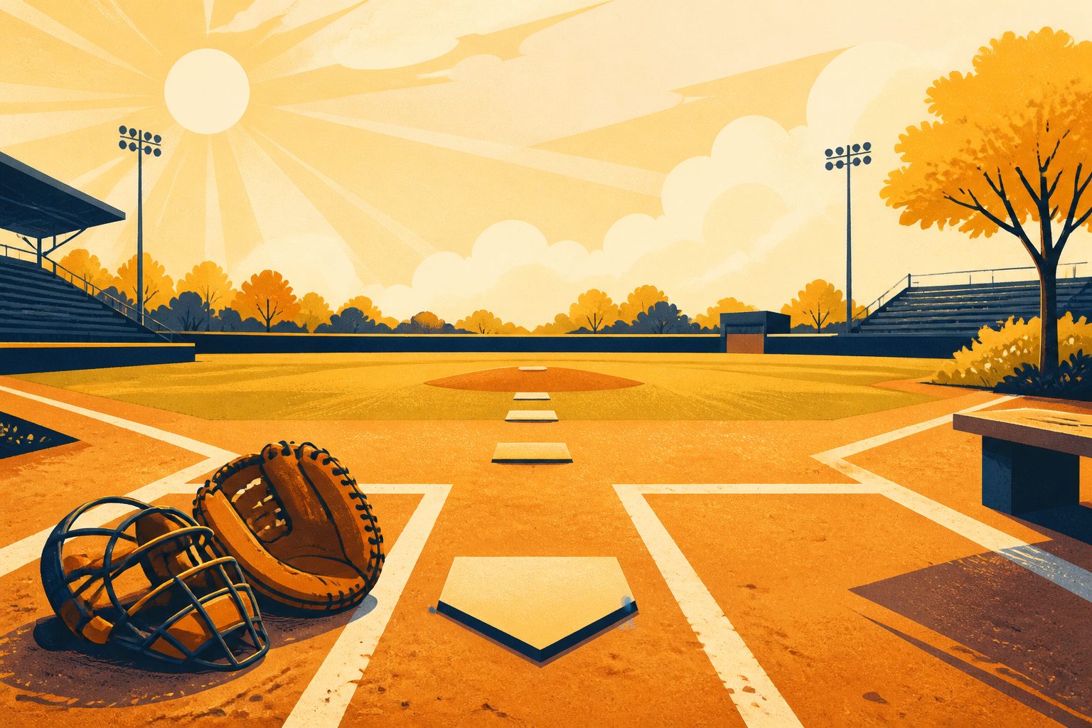 A stylized empty catcher's box behind home plate with chalk lines under a sunlit morning sky, an unmarked leather catcher's mitt and mask resting gently on the dirt, and three blank home plates receding into the distance