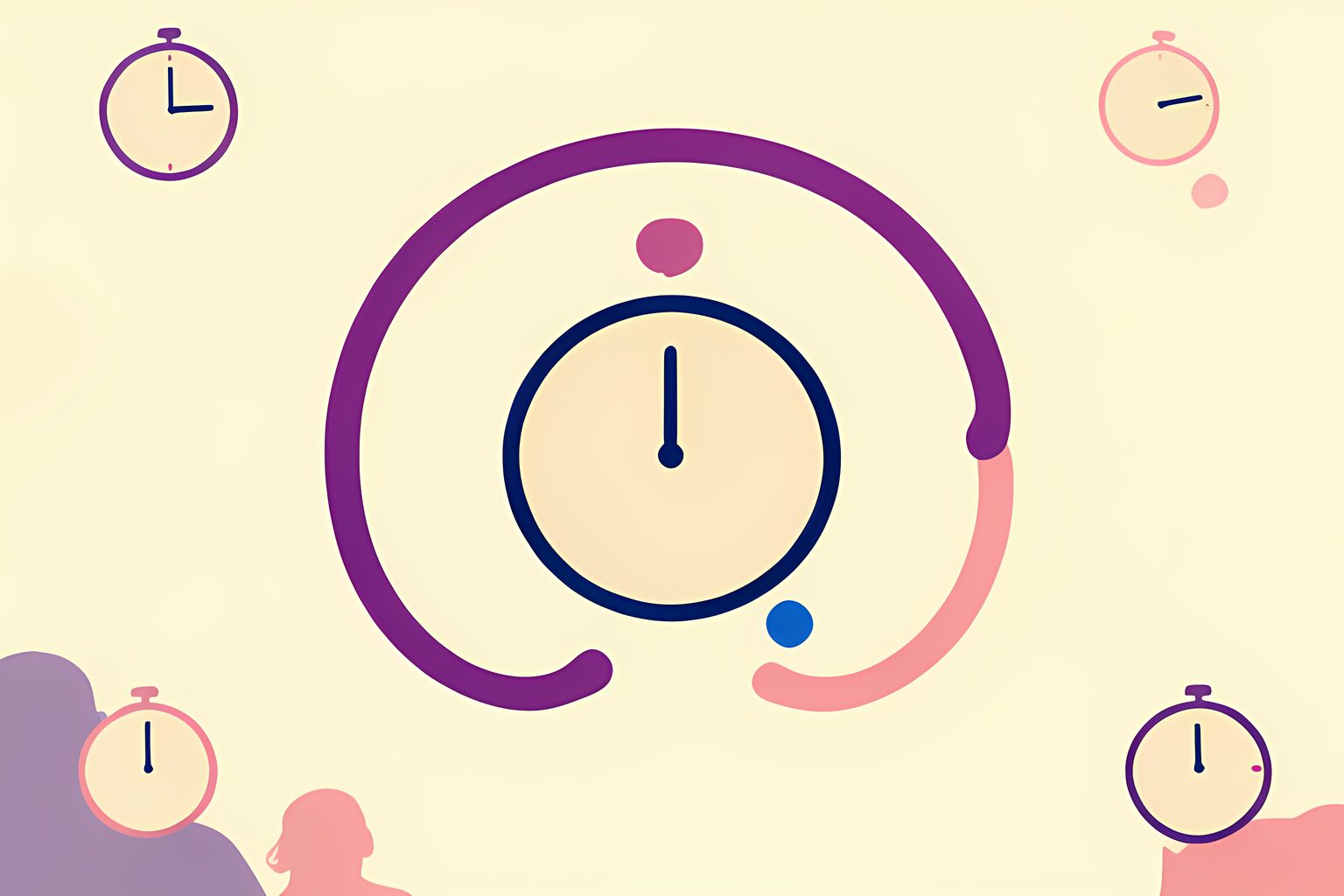 A bright, text-free diagram of three blank analog clocks connected by curved plum and pink paths around a small cream globe, with a tiny round blue dot and no people or logos.