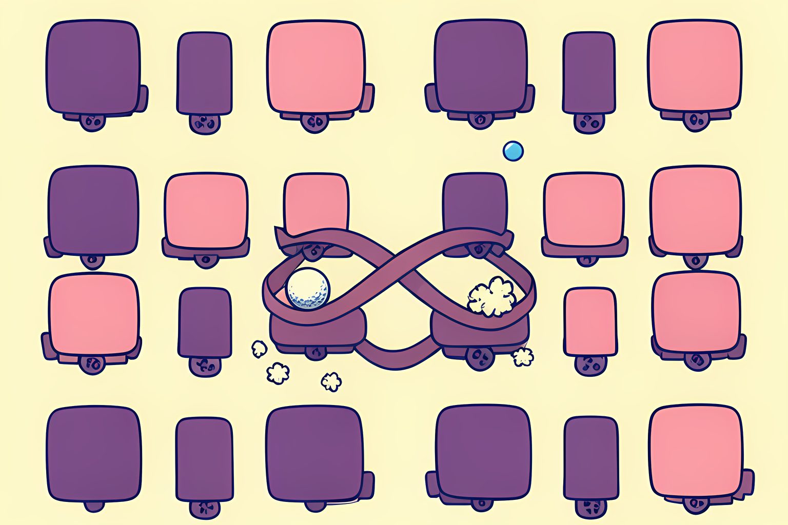 A bright, stylized person-free pattern of blank theater seats, with three seats connected by a looping film ribbon and one seat holding a small unmarked golf ball.
