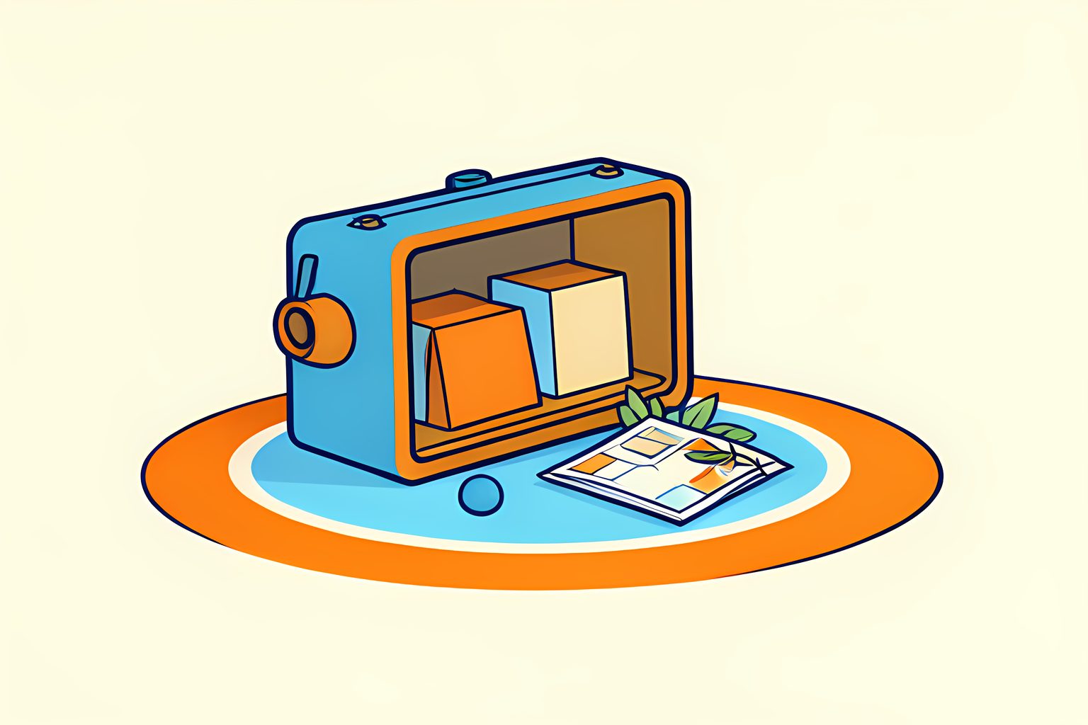 Three plain lightweight parcels balance in a small unbranded drone compartment beside a clear landing circle.