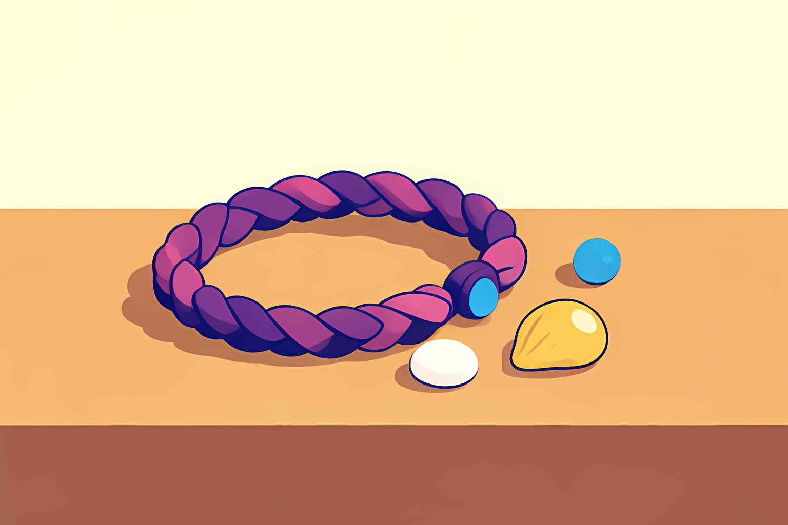 Stylized still-life illustration of a bright handmade bracelet with blank tiny charms and a plain guitar-pick-shaped charm on a sunlit wooden table.