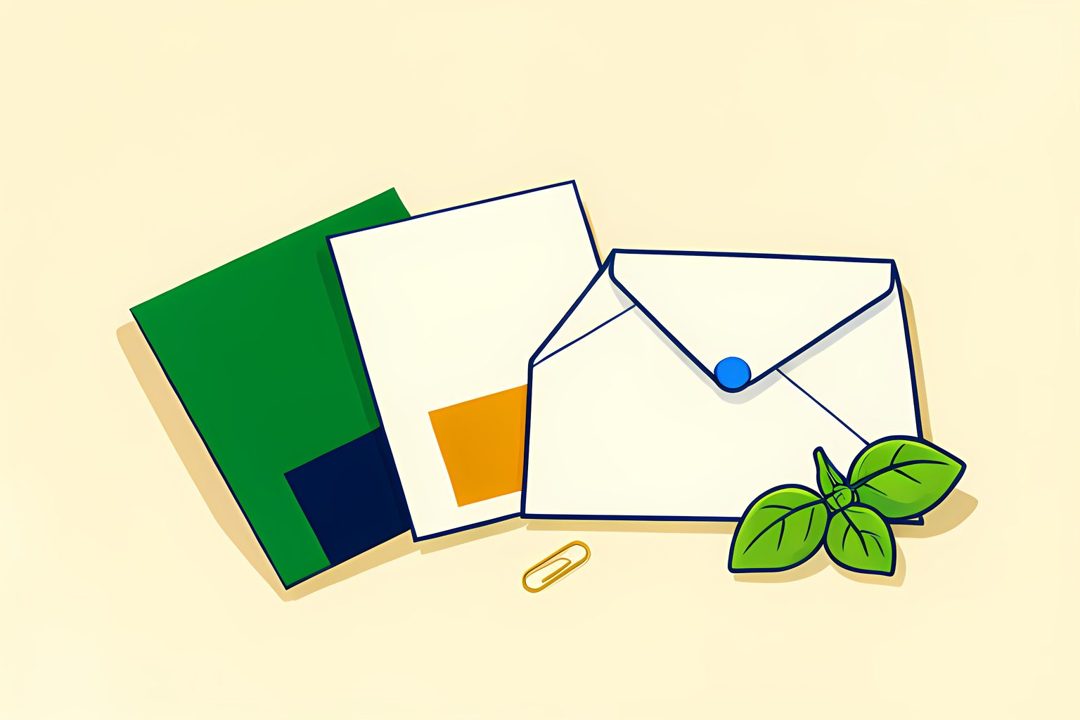 Three blank cream form cards with rows of green, amber, and navy squares beside a plain envelope and a small blue dot on a sunny desk.