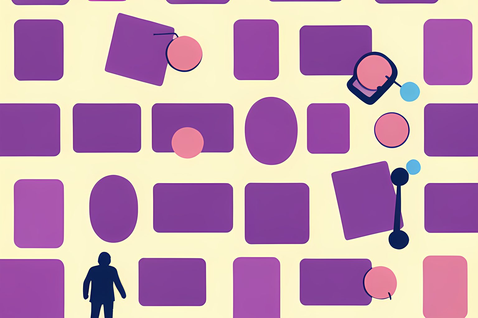 A text-free, person-free pattern of blank plum-purple film frames on warm cream, with one tilted frame, dusk-pink tokens and a tiny round blue dot.
