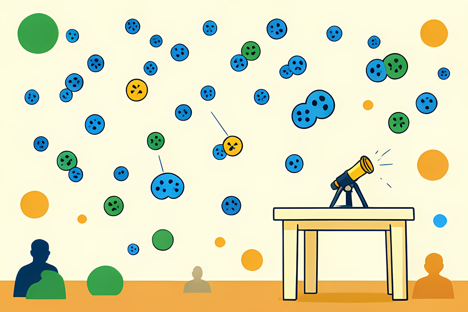A text-free, person-free pattern of small glowing blue game-controller buttons arranged like constellations, with one golden button breaking the pattern and pointing toward a tiny telescope on a cream tabletop.