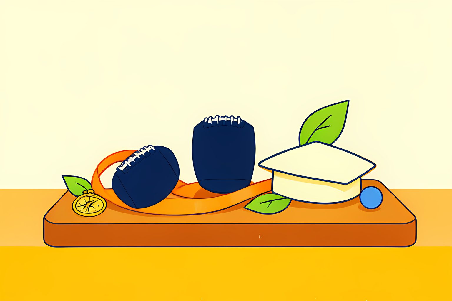 A text-free still life of three small blank football-route tokens on a low table, with a warm orange travel ribbon looping between them.
