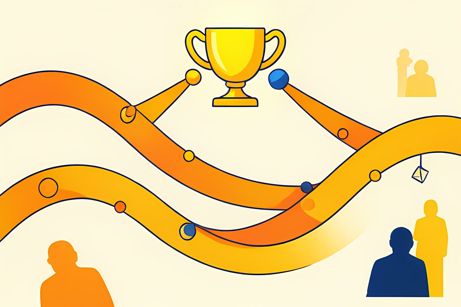 A stylized geometric diagram of three vibrant running arrows navigating around a central golden stadium crest on warm cream with a small blue dot