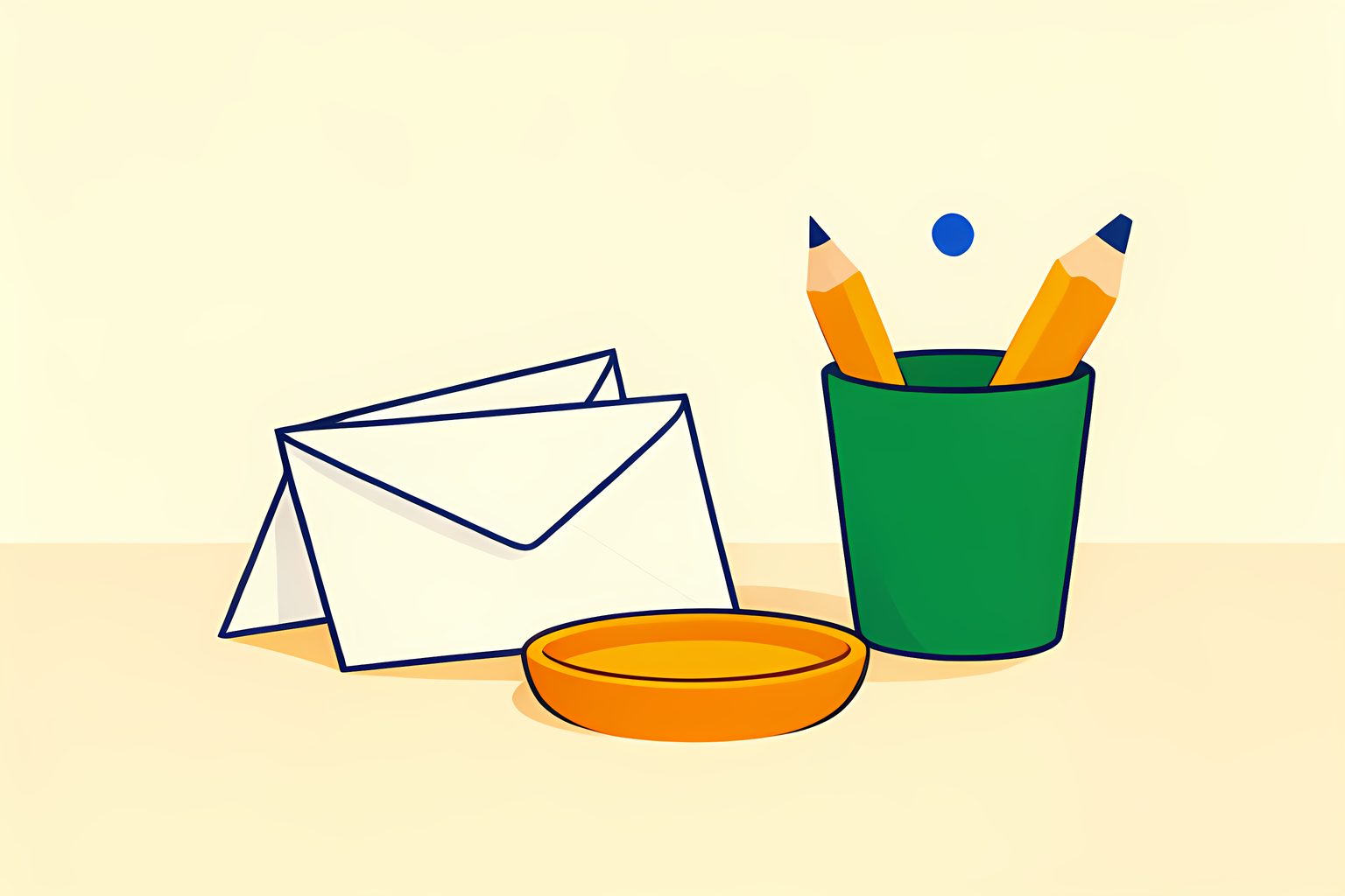 Three blank cream envelopes beside an amber coin dish and green pencil cup on a sunlit table.