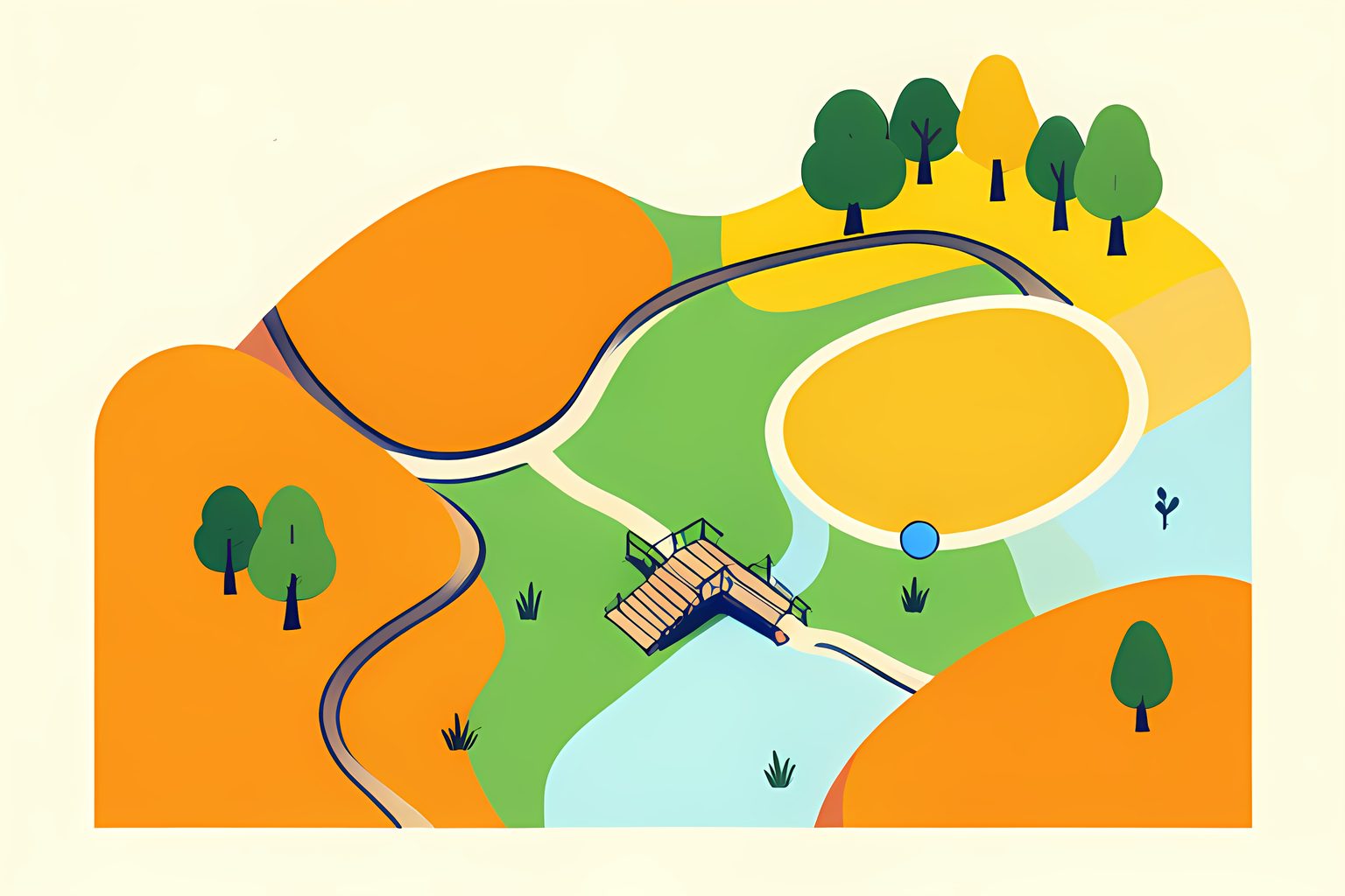 A warm, stylized landscape of three winding paths that split and rejoin around a single golden football-shaped oval.