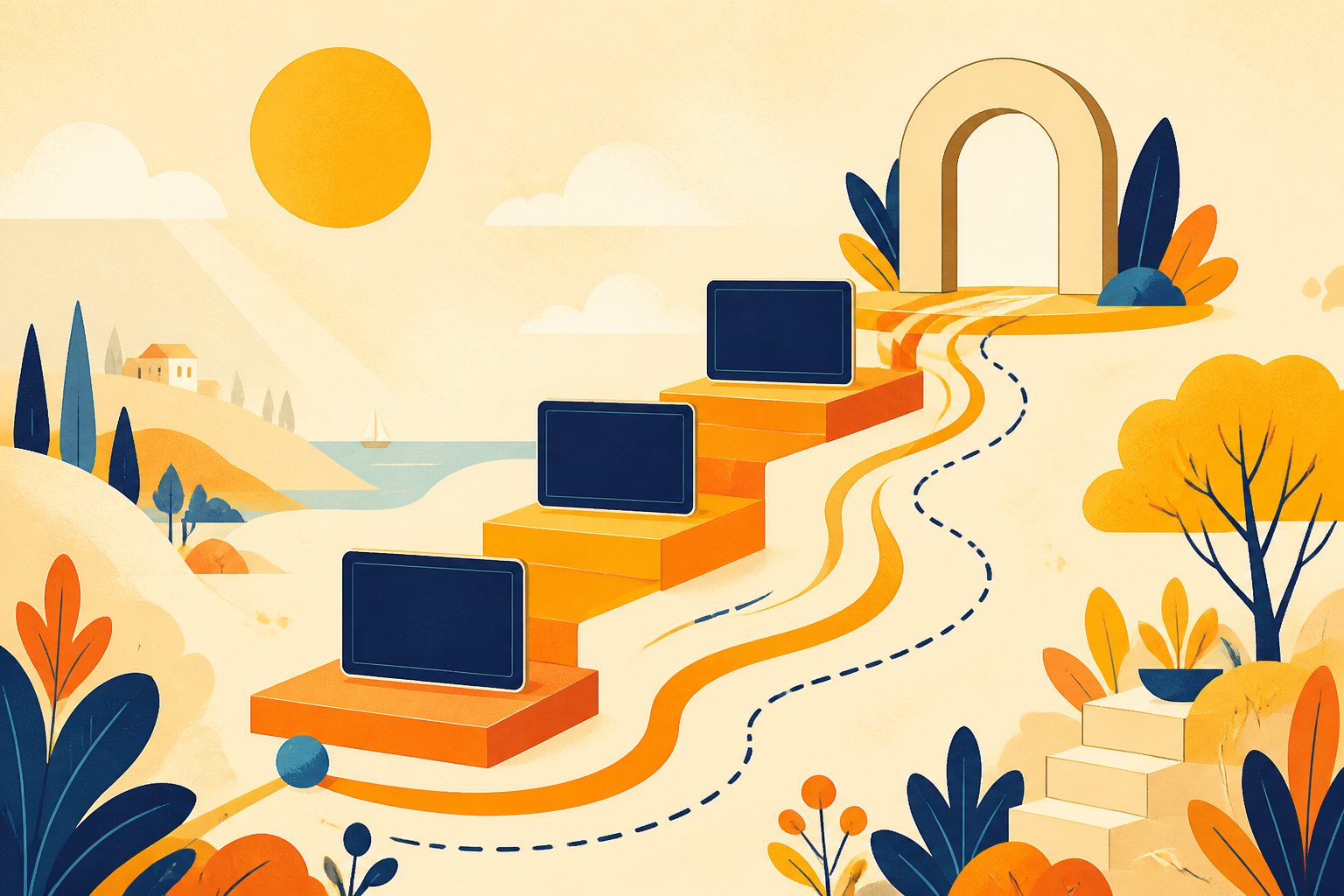 Three blank navy screen shapes rise in a gentle orange-and-gold staircase toward a small unmarked arena arch on a cream background.