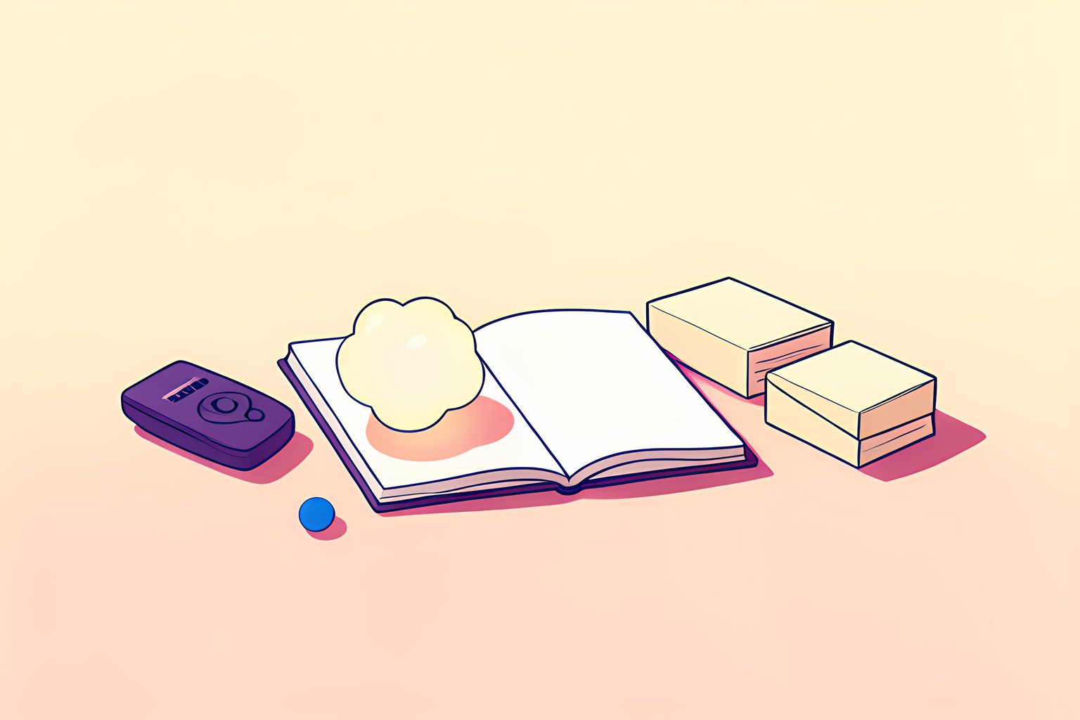 A text-free still life of a blank remote, an open unmarked notebook and a small cloud-shaped glass paperweight on a low table in warm side light, with a tiny blue dot.