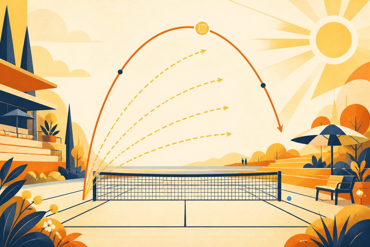 A bright stylized tennis court with dynamic geometric arcs and golden trajectory lines rising over the net on warm cream background