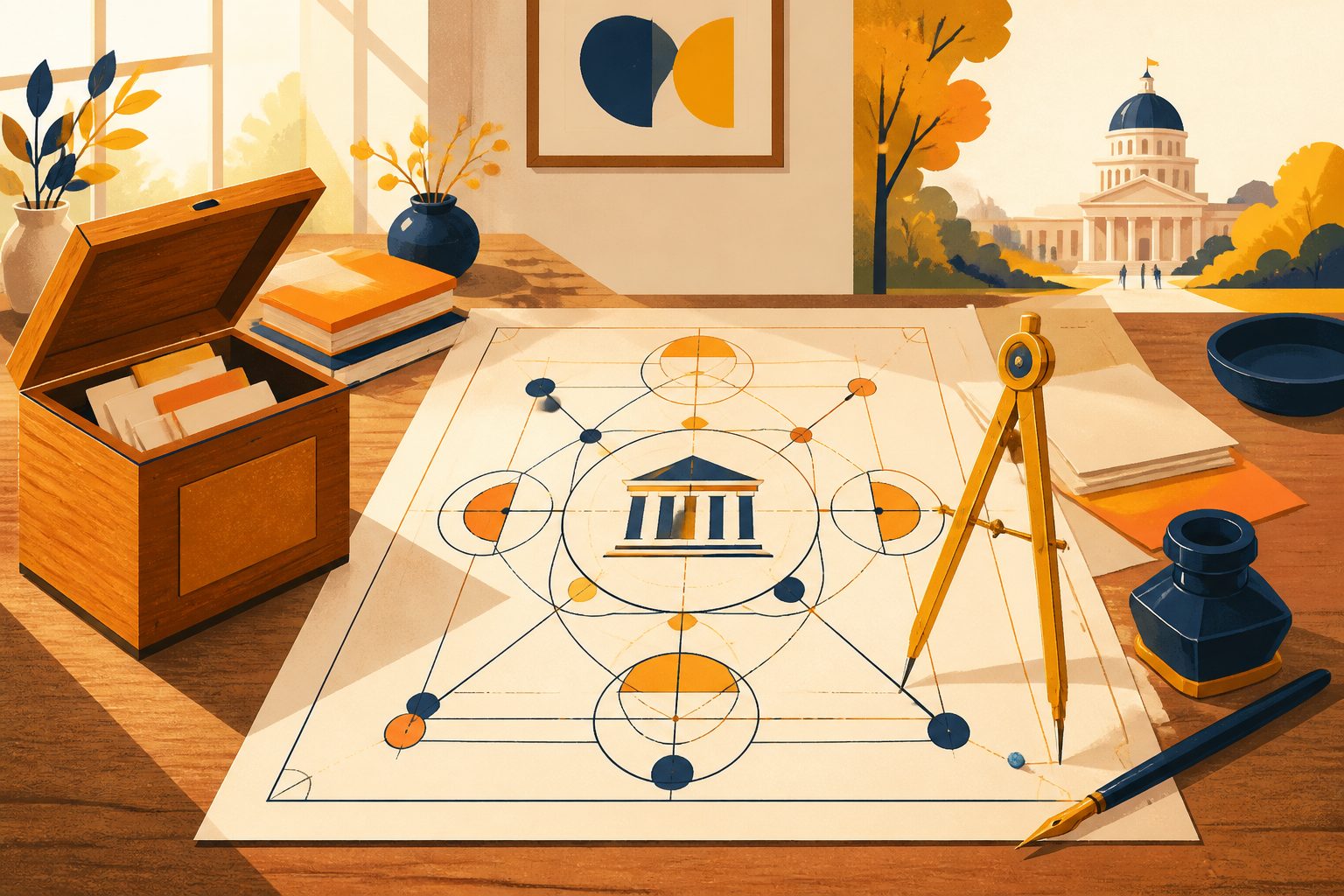 An intricate geometric architectural blueprint of a community charter laid out across an oak drafting table beside a brass drafting compass and an inkwell