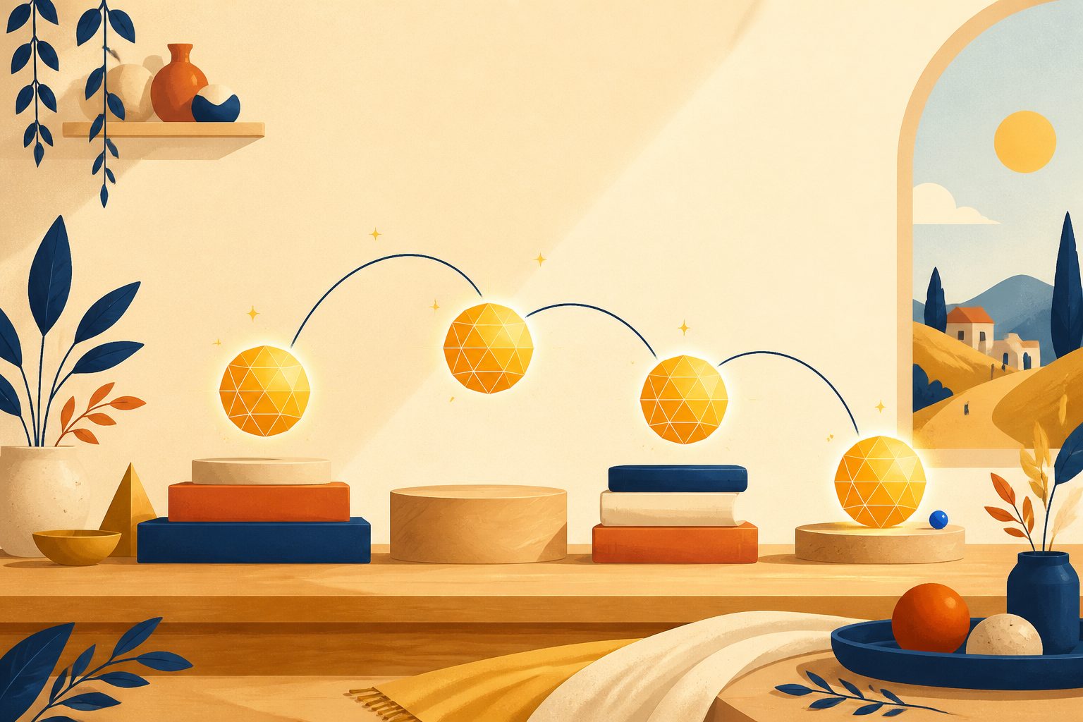A stylized four-branch golden family crest floating above a low oak table on a warm cream background in morning light.