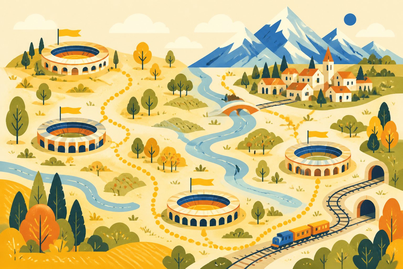 A warm stylized map with mountains at one corner and a dotted trail winding out to four small sunlit stadiums scattered across the plains, each topped with a tiny gold pennant.