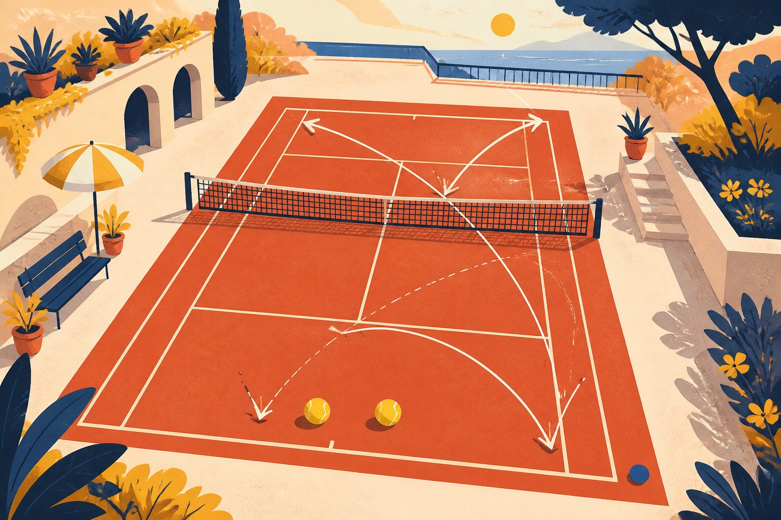 A sunlit clay tennis court viewed from above showing curving tactical trajectory lines and bounce marks in the service box.