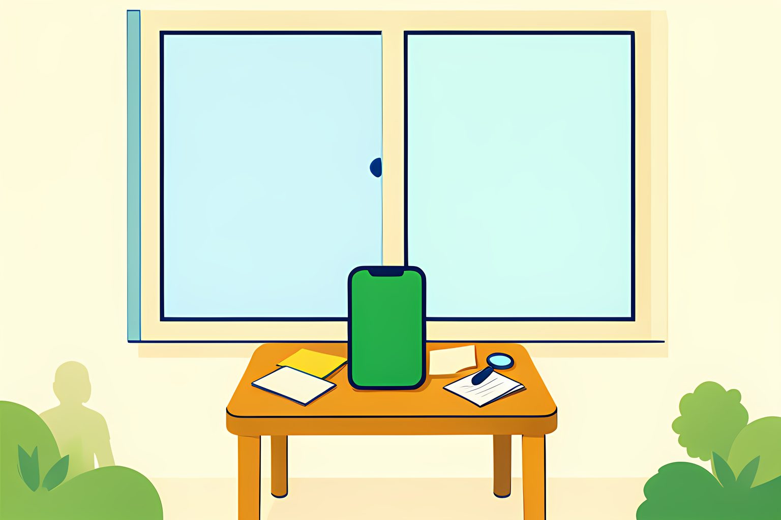 A bright, text-free desk scene with a blank phone silhouette, five blank evidence cards, a small magnifying glass and a blue dot in warm morning light.