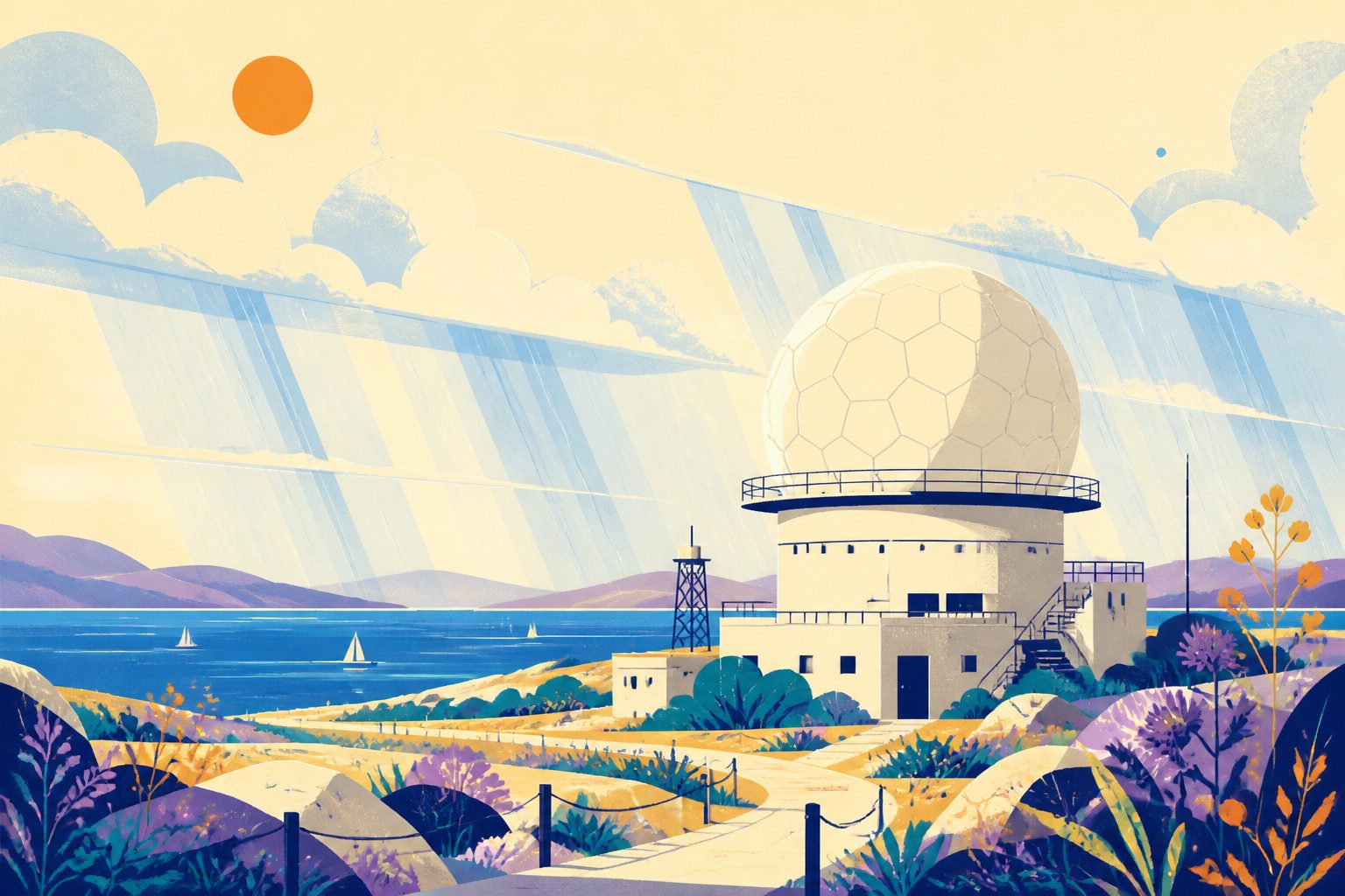 A warm cream radar dome beneath layered pale-blue rain bands and a bright orange sun, with a small blue dot and no people or text.