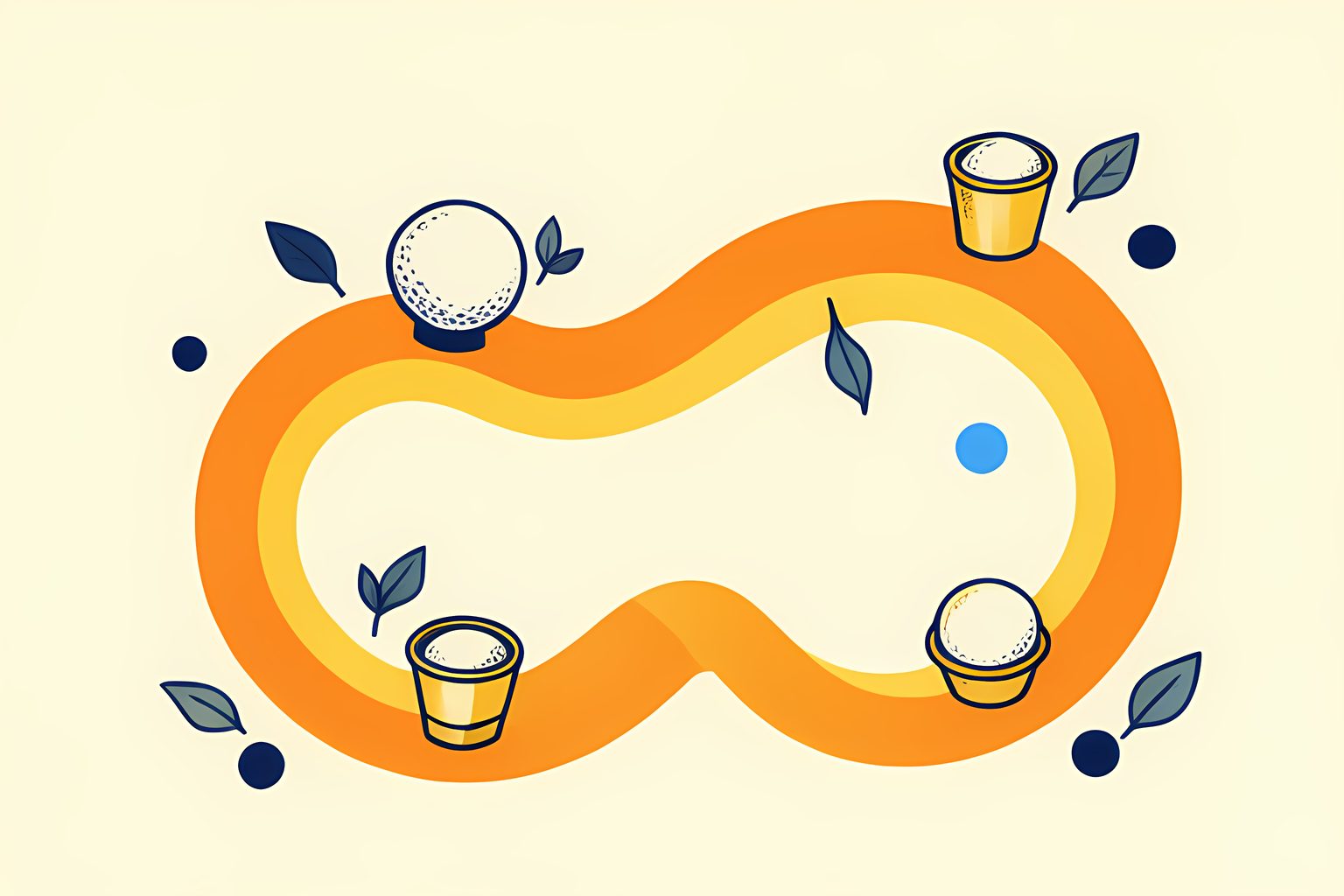 A text-free, person-free abstract flow of two sets of unmarked golf balls moving along different orange and gold paths toward two blank cups on warm cream, with a blue dot.
