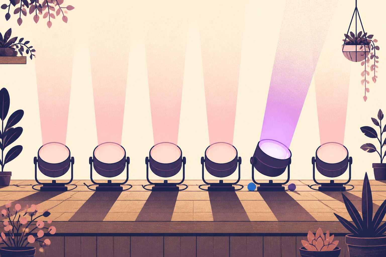 Flat editorial illustration on warm cream in plum-purple and dusk-pink light showing six stylized theater spotlights in a neat row, with the fifth spotlight angled brightly toward the center, and a small round blue dot tucked beside the stage floor.