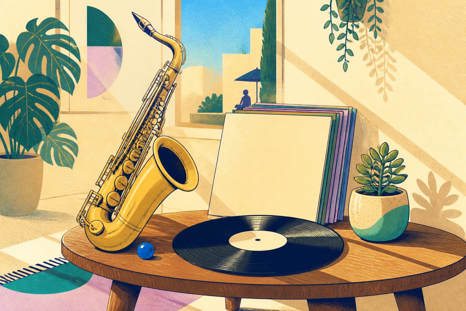 Stylized flat vector illustration of an antique brass saxophone and a vinyl record resting on a warm wooden tabletop in morning sunlight.