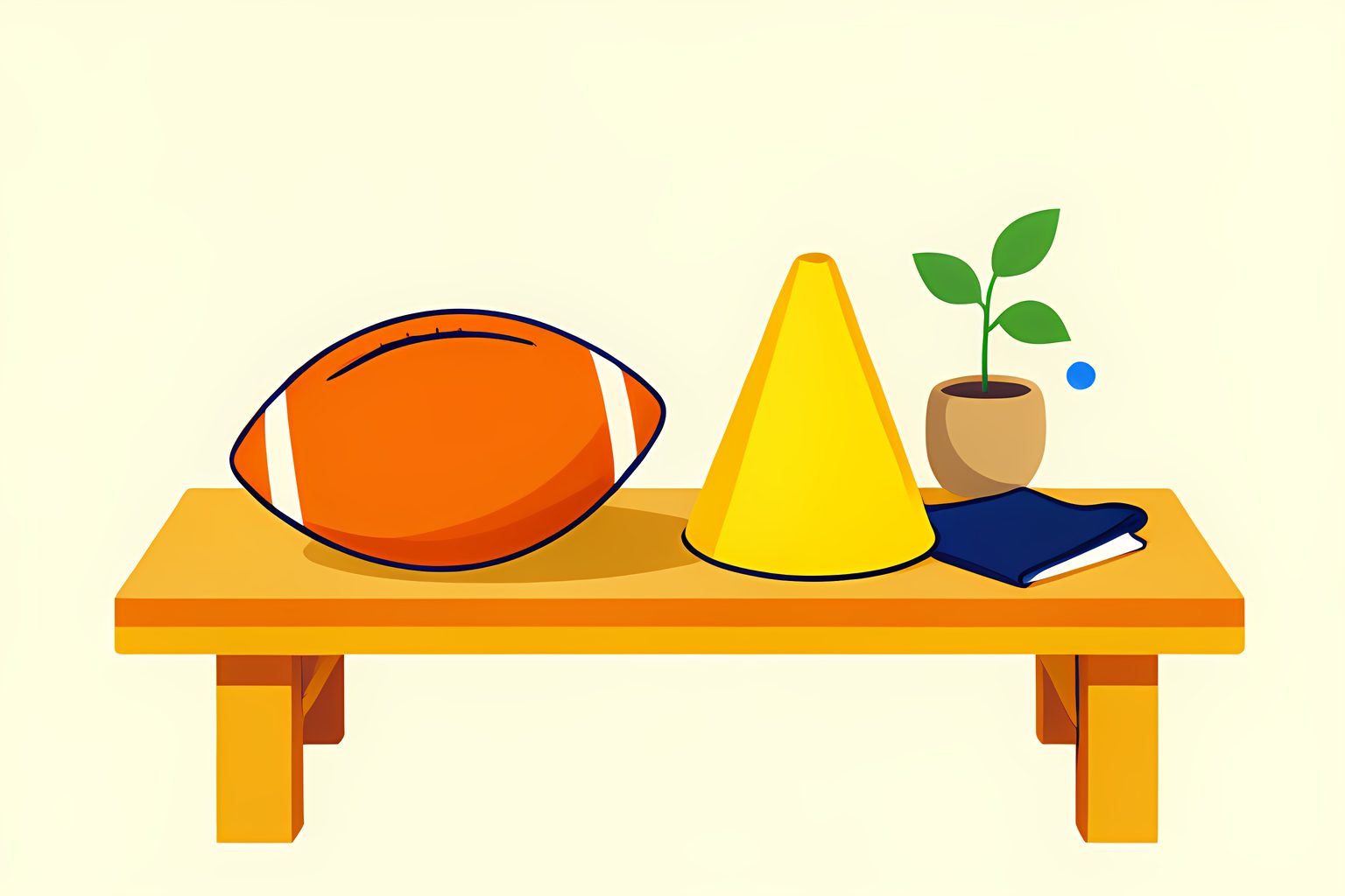 A warm still life of an unbranded football, blank youth-training cone and plain folded practice bib on a wooden bench.