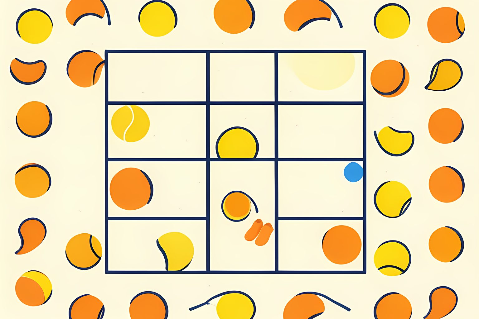 A text-free, bright pattern of small tennis-ball arcs repeating across a court, with one joyful arc looping back into play.