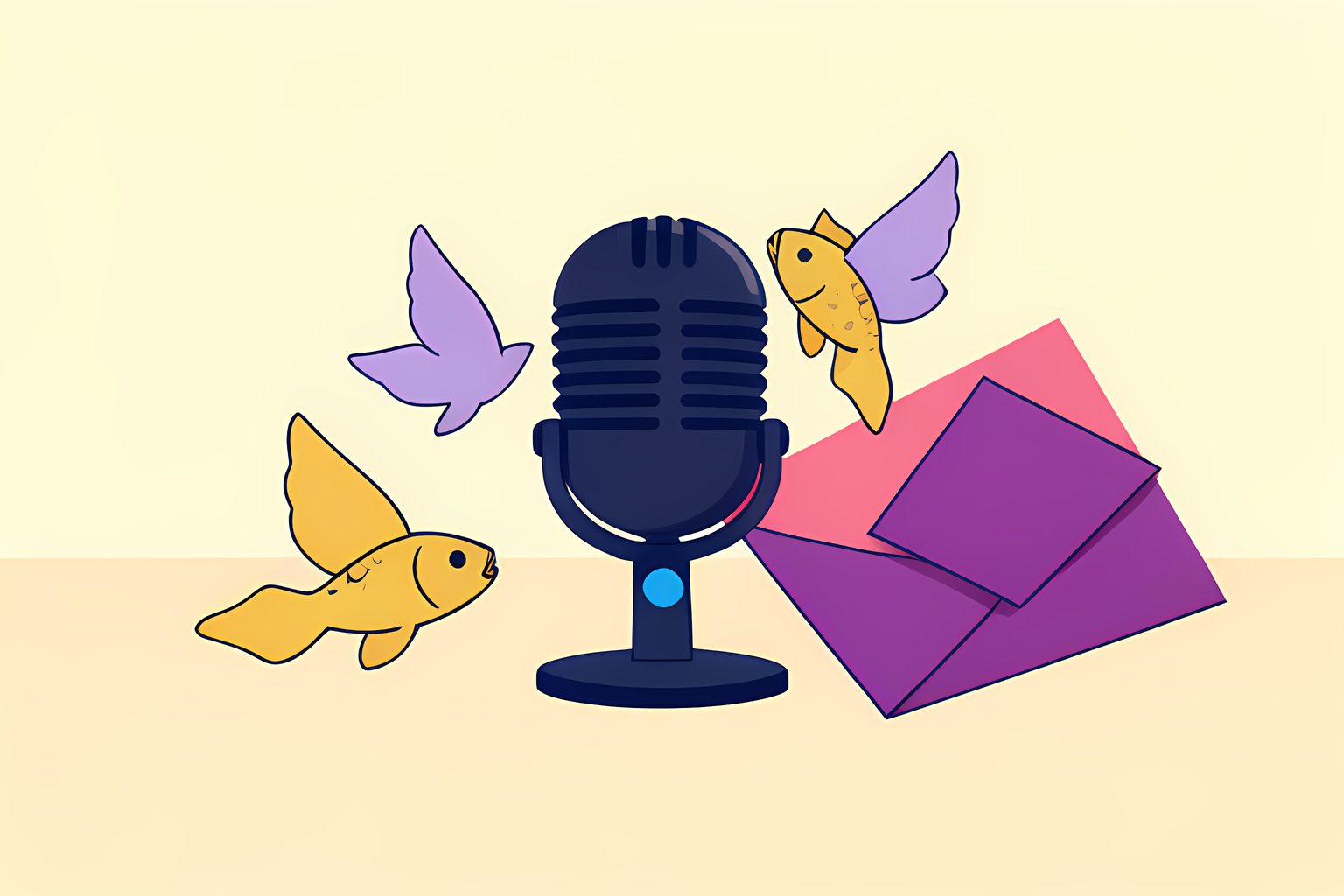 Two stylized gold koi shapes, small violet wing shapes and a plain vintage microphone arranged on a cream tabletop.