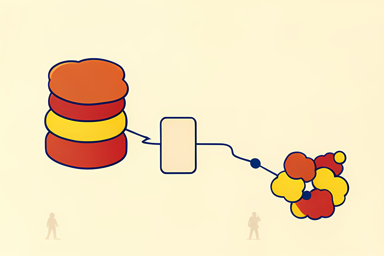 An abstract flow of blank cookie-shaped tiles moving from a large stack into several smaller plain boxes, with a small round blue dot tucked into one curve, in tomato red and butter yellow on warm cream.