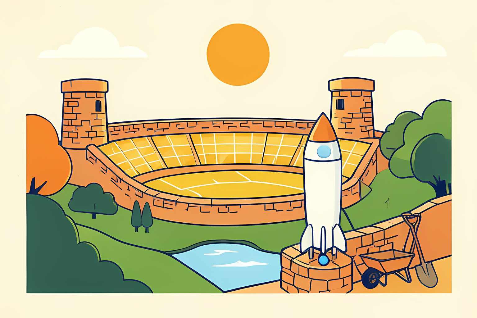 Flat editorial illustration of a sunny stone-walled football bowl set into a green ravine, two round stone towers at one end, glowing glass-block panels along the stands, and a tall finned rocket standing outside the gate with a small blue dot on its base.