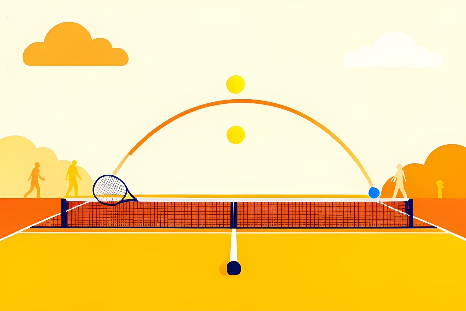 A sunny empty tennis court viewed from the baseline, with a blank racquet and three yellow balls following three different curved paths across the court.