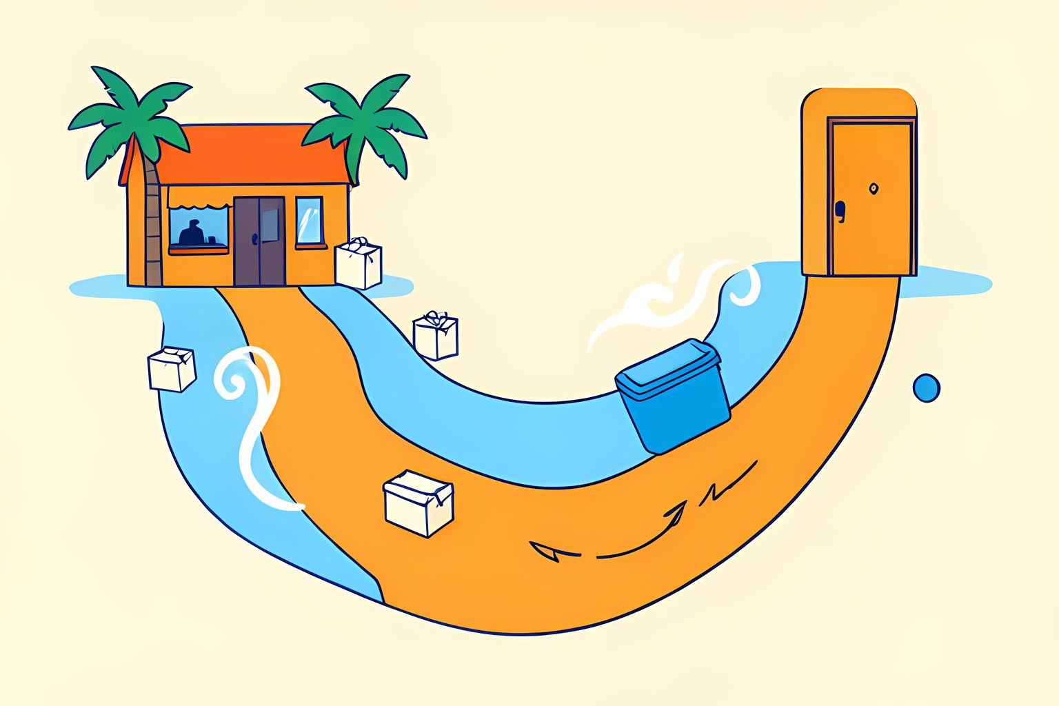 A bright, stylized person-free illustrated map showing an unmarked bakery box traveling from a sunny storefront through a curved route to a plain front door, with small dry-ice swirls and a round blue dot.