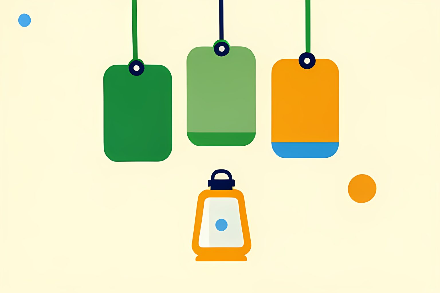Three blank phone-shaped tiles balancing above a small amber lantern and a green doorway on a warm cream background, with a tiny blue dot.