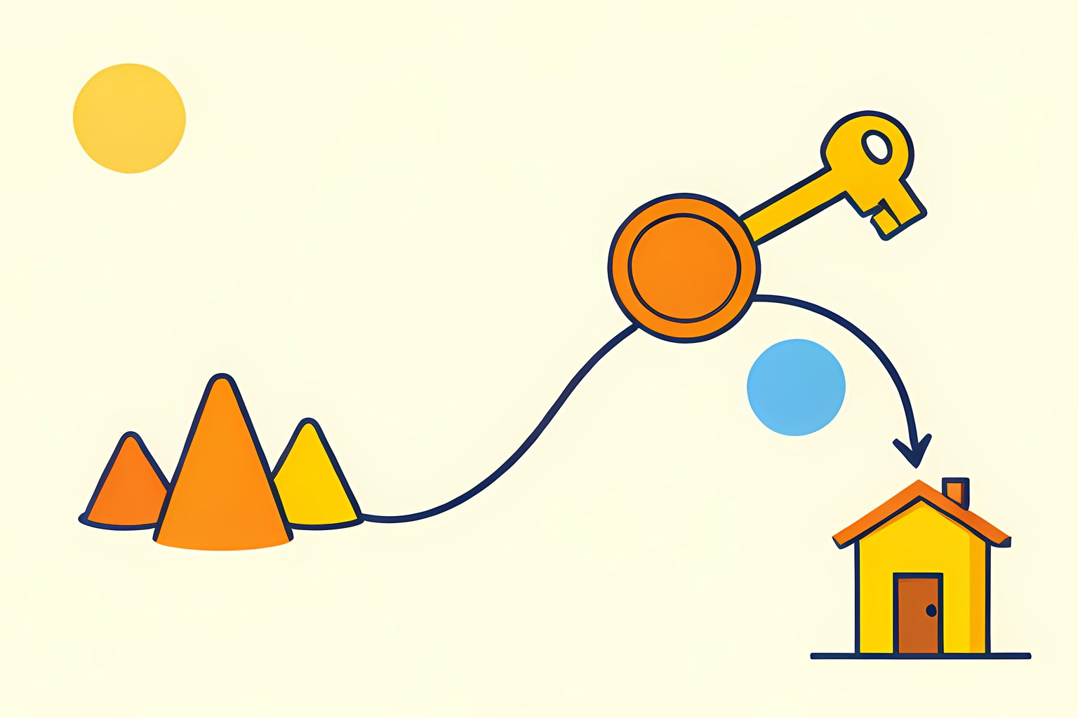 An abstract, text-free diagram of two paths leaving a small pile of blank practice gear: one reaches a coin-shaped token and the other reaches a clubhouse key.