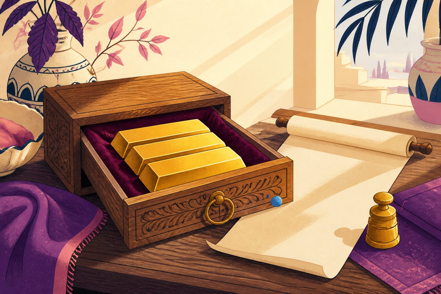 A stylized vintage wooden vault drawer holding neatly stacked gold bullion bars with a blank parchment decree under warm morning side light
