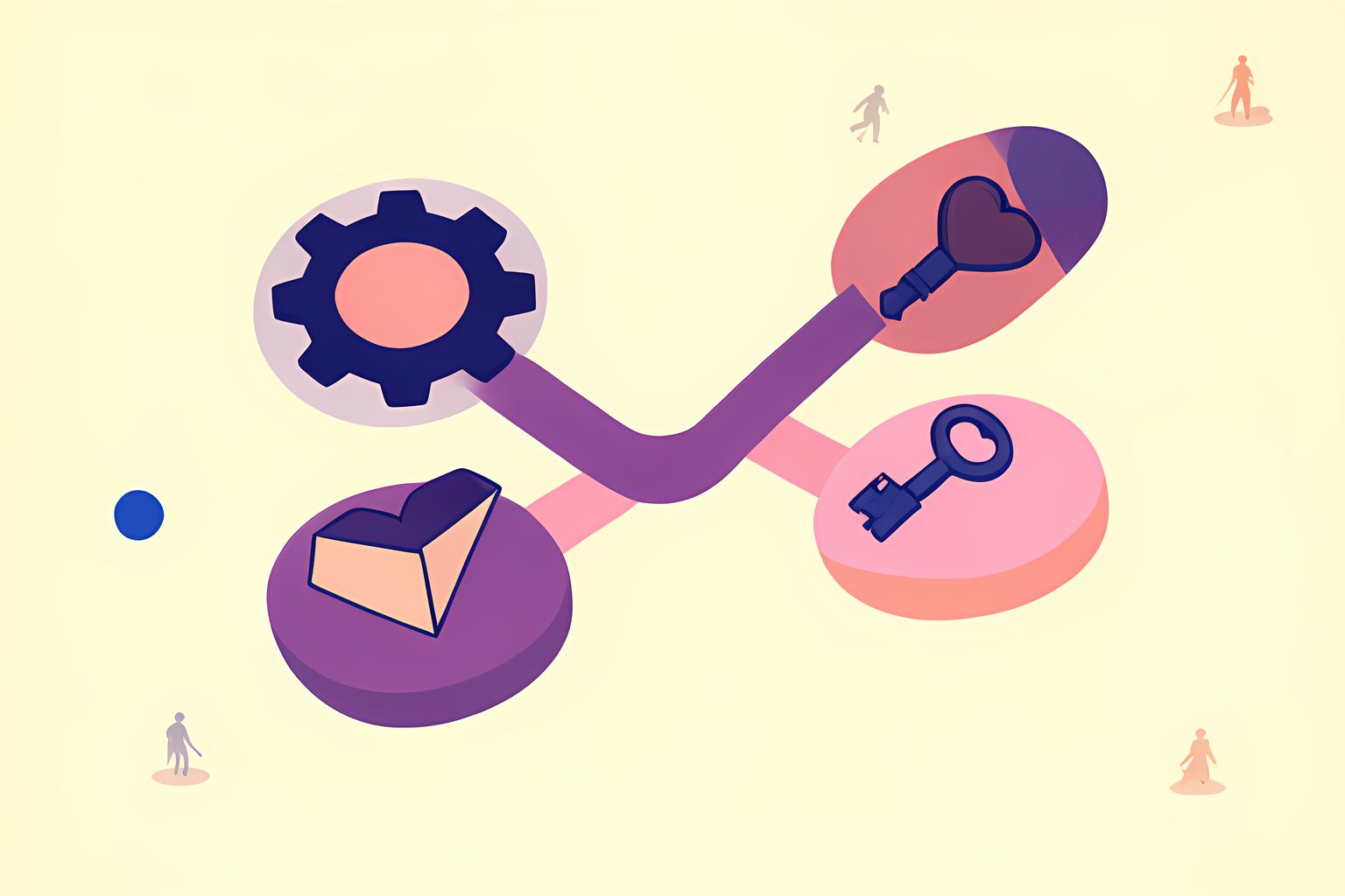 Five unmarked colorful objects connected by a looping navy line on a warm cream background, with a small blue dot.