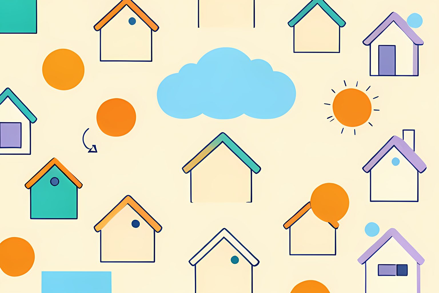 A cheerful, text-free pattern of small cream winter rooftops beneath warm orange sun disks, interrupted by one soft blue snow cloud above a single roof, with a tiny round blue dot tucked among the shapes.