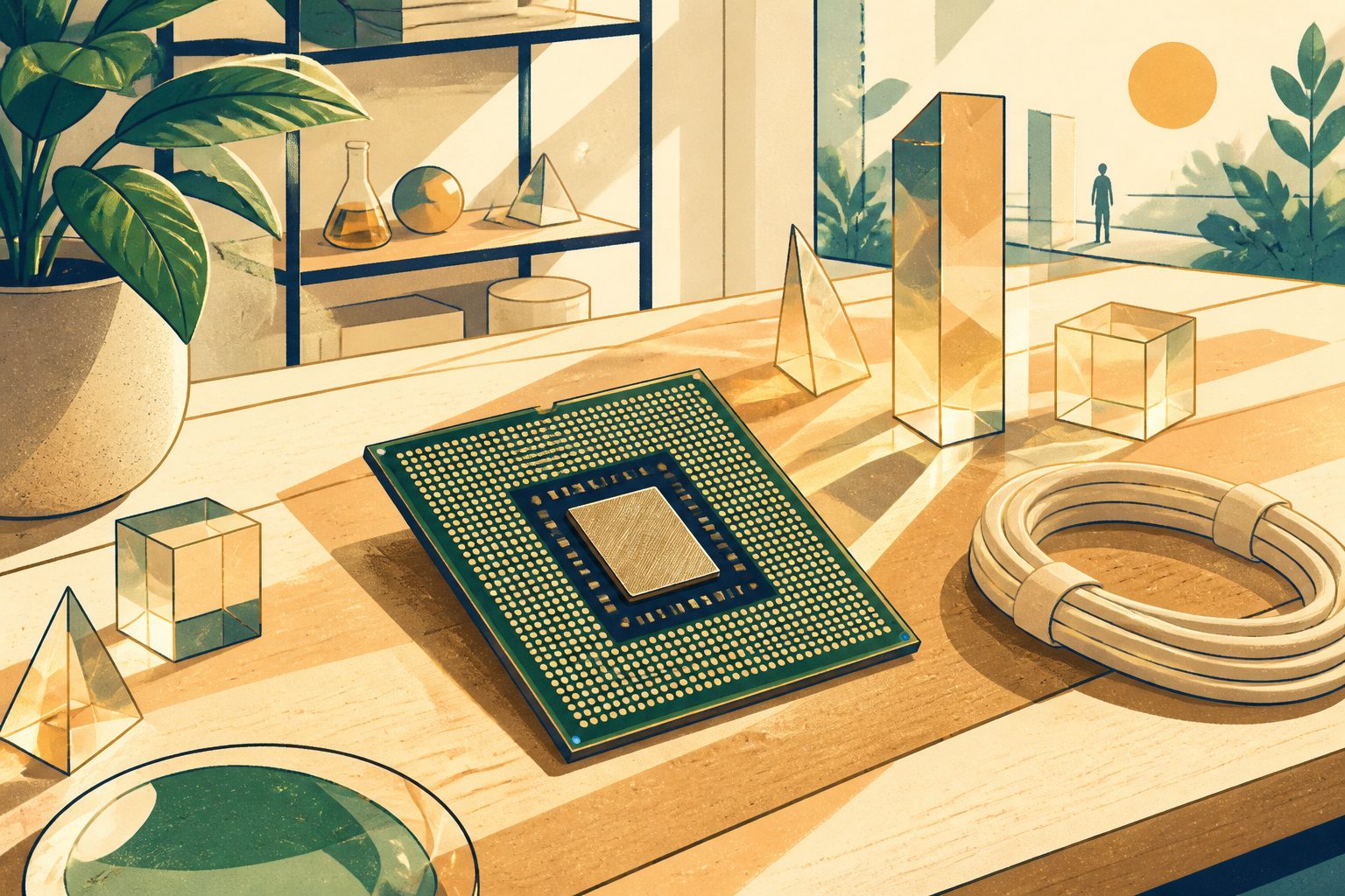 Stylized flat vector illustration of an off-the-shelf processor chip casting a warm amber glow across a geometric data stream on a clean cream desk.