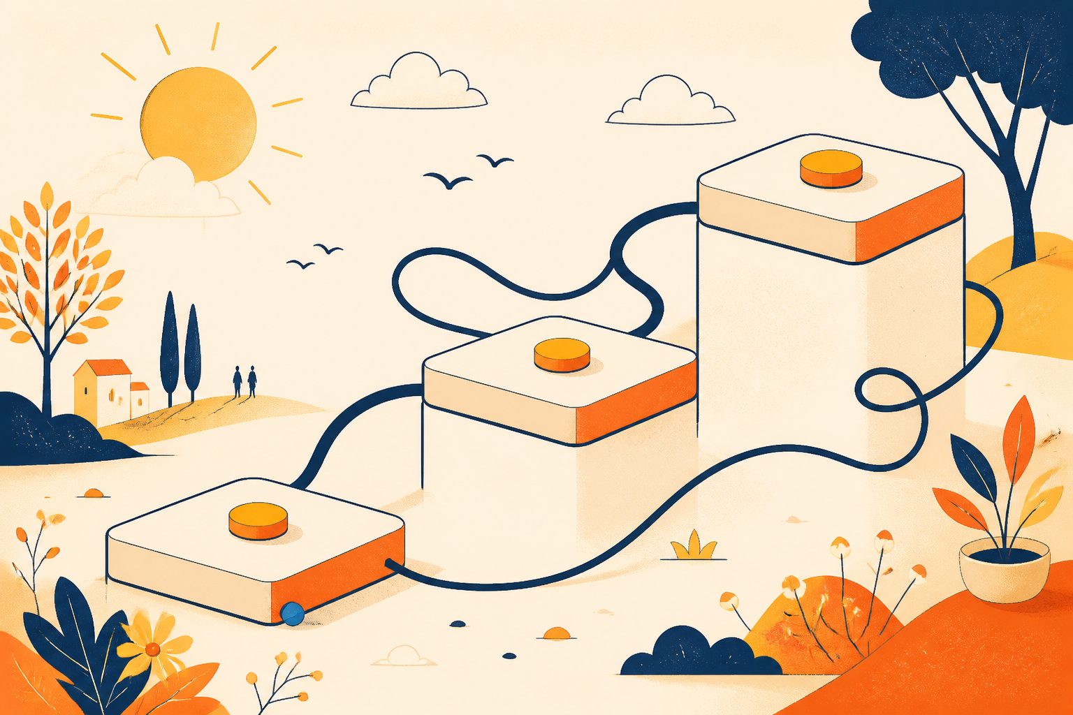 Flat vector diagram-as-art on warm cream in warm-orange and golden-yellow light showing three ascending blank platforms connected by graceful ink-navy curves, with a tiny round blue dot tucked at the base of the lowest platform.